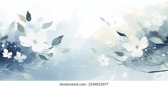 Soft watercolor painting with delicate white blossoms on blue background. Pastel colors and harmonious composition create serene and uplifting ambiance. Vector design with pure white flowers and grey