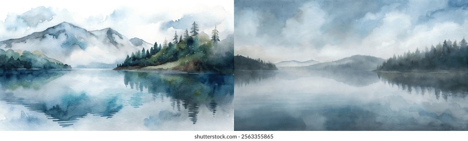 Soft watercolor painting of a tranquil lake reflecting misty mountains and evergreen trees under a cloudy sky.