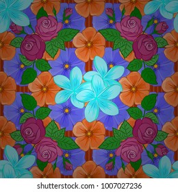 Soft watercolor plumeria flower print ~ seamless pattern in blue, orange and violet colors. Vector illustration.