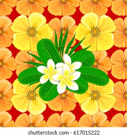 Soft watercolor plumeria flower print ~ seamless pattern on a red background. Vector illustration.