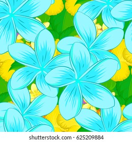 Soft watercolor plumeria flower print ~ seamless pattern on a violet background. Vector illustration.