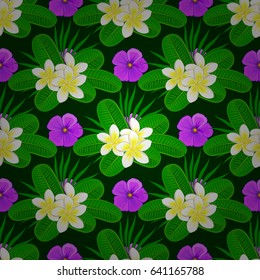 Soft watercolor plumeria flower print ~ seamless pattern on a green background. Vector illustration.