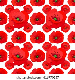 Soft watercolor poppy flower print ~ seamless pattern on a white background. Vector illustration.