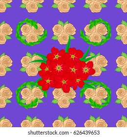Soft watercolor primula flower print ~ seamless pattern on a violet background. Vector illustration.