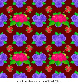 Soft watercolor rose flower print ~ seamless pattern on a red background. Vector illustration.