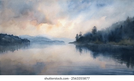 Soft watercolor scene showcasing a peaceful lake at dusk with gentle hues and distant mountains.