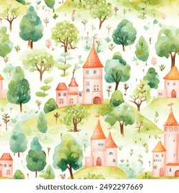 Soft watercolor seamless vector pattern with castles and trees. Enchanting pattern of whimsical castles nestled amidst soft, pastel-colored trees. Dreamy quality of the fairy tale design