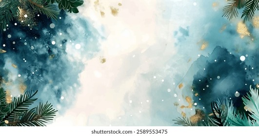 Soft watercolor splashes blend shades of blue and green, creating an elegant backdrop. Festive foliage frames the edges, adding a touch of winter charm and sophistication