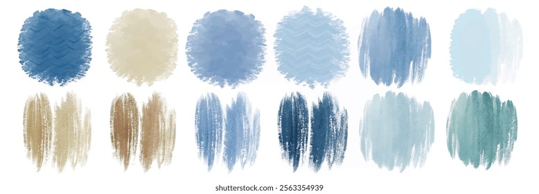 Soft watercolor swatches, calming blue tones, textured brush strokes, artistic background elements, versatile design use.