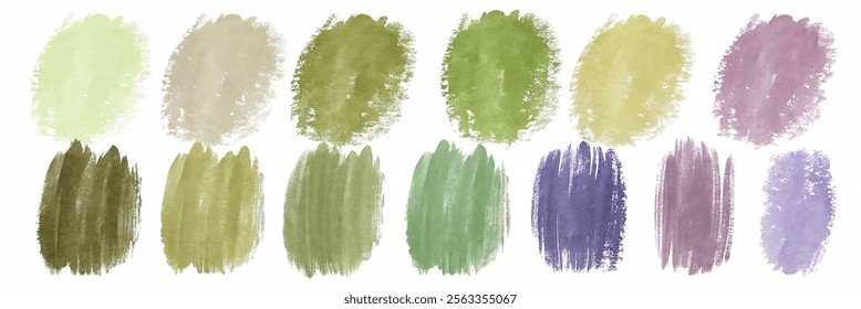 Soft watercolor swatches, earthy tones, green shades, artistic texture, natural palette, abstract design, versatile background.