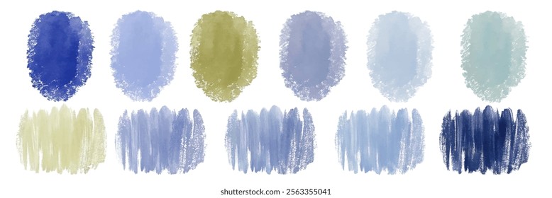 Soft watercolor swatches, pastel color palette, artistic background, textured brush strokes, versatile design elements.