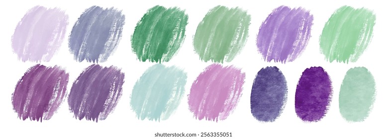 Soft watercolor swatches, pastel color palette, artistic brush strokes, abstract design, creative background elements.