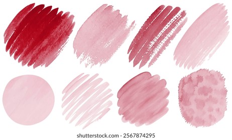 Soft watercolor swatches, rich red tones, artistic brush strokes, abstract design elements, versatile for backgrounds.