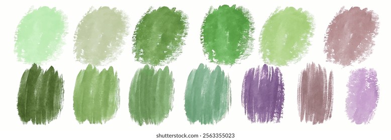 Soft watercolor swatches, vibrant green hues, artistic texture, nature-inspired palette, perfect for design projects.