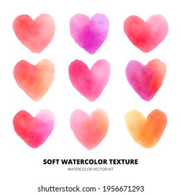 Soft watercolor texture Heart vector set. Isolated heart objects for romantic post card.