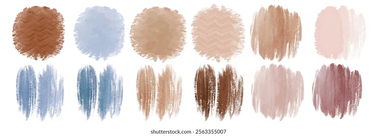 Soft watercolor textures, earthy color palette, artistic brush strokes, versatile design elements, perfect for backgrounds.