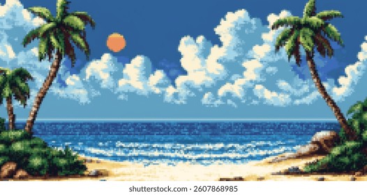 Soft waves gently lap at the shore as a vibrant sun sinks low on the horizon, casting warm hues across the sky. Lush palm trees sway lightly in a coastal breeze.