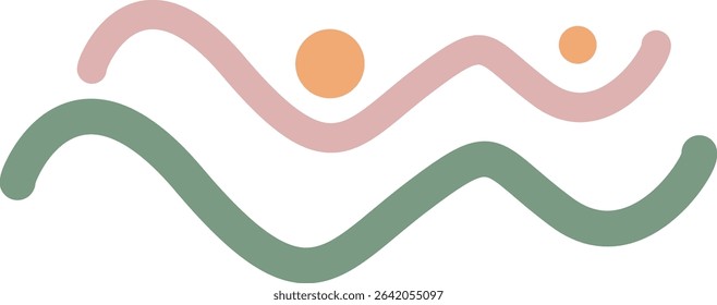 Soft wavy lines in pastel pink and green hues, adorned with small dots, symbolizing the gentle rhythm and vibrancy of natural patterns in a minimalist, abstract design.