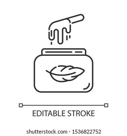 Soft waxing linear icon. Natural cold wax in jar with spatula. Body hair removal, depilation equipment. Thin line illustration. Contour symbol. Vector isolated outline drawing. Editable stroke