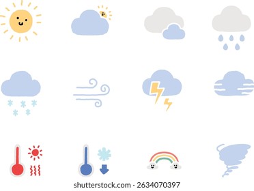 A soft weather icon set in hand-drawn pastel style without bold outlines. Ideal for clean, modern UI or minimalist seasonal illustrations.