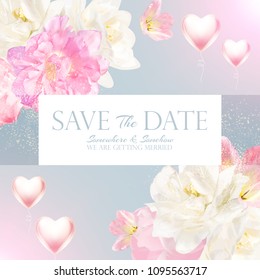 Soft Wedding Invitation Templaye with Pink and White Tulips and Heart Balloons. Romantic Greeting Card. Birthday Design. Vector illustration
