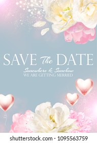 Soft Wedding Invitation Templaye with Pink and White Tulips and Heart Balloons. Romantic Greeting Card. Birthday Design. Vector illustration