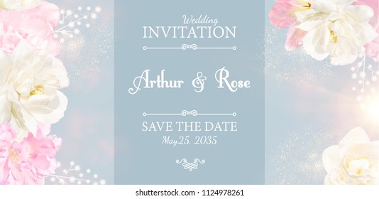 Soft Wedding Invitation Templaye with Pink and White Tulips. Romantic Greeting Card. Birthday Design. Vector illustration