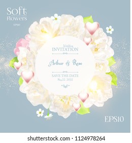 Soft Wedding Invitation Templaye with Pink and White Tulips and Heart Balloons. Romantic Greeting Card. Birthday Design. Vector illustration