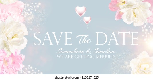 Soft Wedding Invitation Templaye with Pink and White Tulips and Heart Balloons. Romantic Greeting Card. Birthday Design. Vector illustration