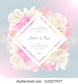 Soft Wedding Invitation Templaye with Pink and White Tulips and Heart Balloons. Romantic Greeting Card. Birthday Design. Vector illustration