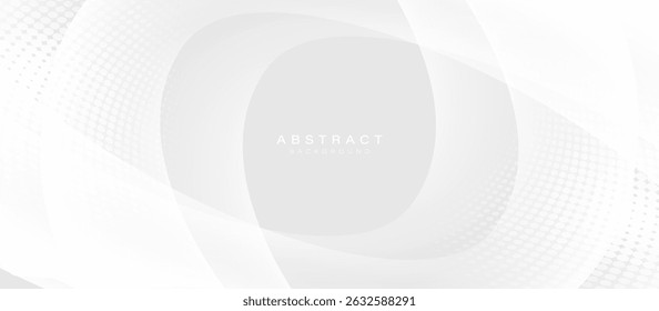 Fondo abstracto blanco suave con curvas fluidas y textura punteada de semitono sutil