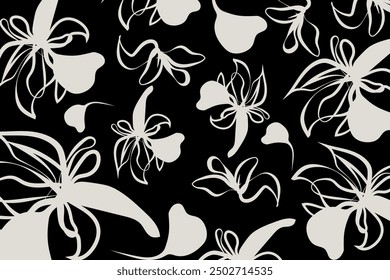 Une douce fleur blanche abstraite contraste vivement sur fond noir. Cela crée un effet frappant. avec Image vectorielle et illustration motif floral monochromatique foncé