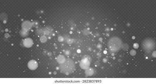 Soft white bokeh with glowing particles scattered in horizontal flow on transparent background