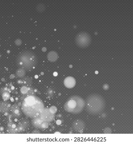Soft white bokeh light effects scattered on a transparent gray background with varying intensities and sizes on transparent background