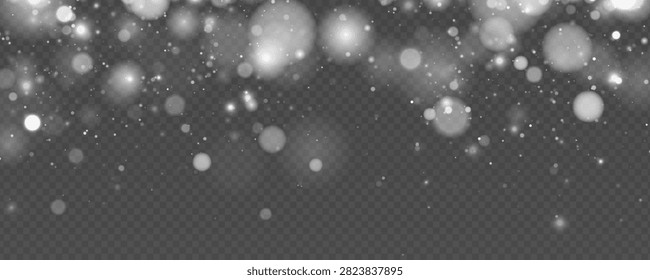 Soft white bokeh lights scattered on transparent dark background with a glowing and sparkling effect on transparent background