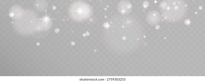 Soft white bokeh lights and sparkling stars scattered across a transparent background. Subtle glowing particles create a dreamy, festive atmosphere ideal for overlays and elegant designs.
