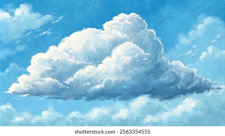 Soft white clouds gently roll across a vibrant blue sky, creating a serene landscape.