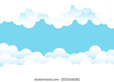 Soft white fluffy clouds cartoon border frame on top blue clear sky landscape outdoor banner background vector