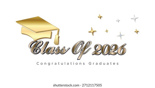 Soft white and gold Class of 2026 banner featuring elegant stars and a golden graduation cap illustration