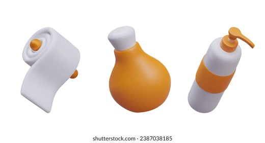 Soft white paper on holder, jar with cork, bottle with dispenser. Vector set for packaging care cosmetics. Orange and white images, mockup. Cleansing, moisturizing, nutrition