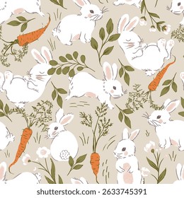 Soft White Rabbits with Carrots Vector Seamless Pattern