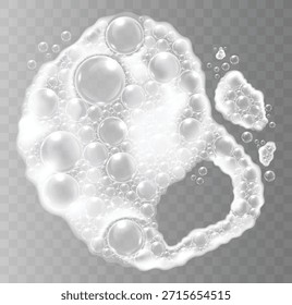 Espuma jabonosa blanca suave con burbujas brillantes sobre un fondo transparente. Ilustración vectorial