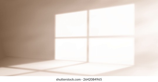 Soft window shadow on wall - natural sunlight casting geometric pattern through glass panes. Minimal interior bg with warm morning glow for home decor, product display or peaceful space concept.