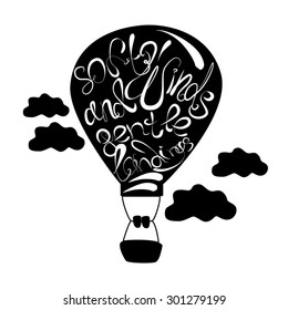 "Soft winds and gentle landings" wishes with air balloon. Hand drawn inspirational and encouraging quote. Vector isolated typography design element for greeting cards, posters and print invitations.
