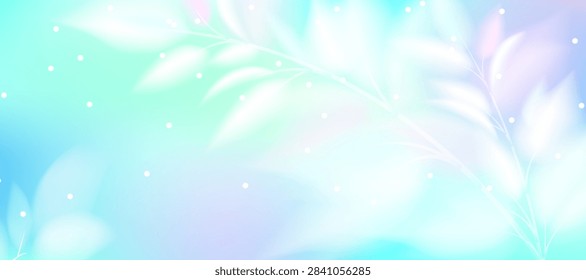 Soft winter pastel blue gradient background with blurred white frozen plants and watercolor leaf texture, abstract glow light landscape with smooth transitions, minimalistic vector illustration