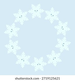 Coroa macia de inverno feita de flocos de neve azul claro. Quadro festivo suave para fundos de Natal, cartões de felicitações, convites e design gráfico sazonal.