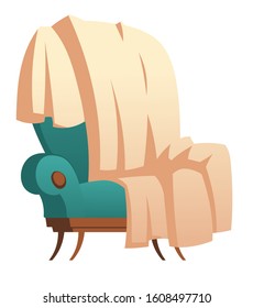 Soft wooden chair with blanket thrown furniture cartoon element vector illustrations. Element for living room interior, blue upholstered armchair, home or office room accessory isolated on white