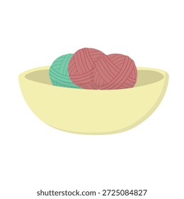 Bolas de hilo de lana suave dispuestas en un tazón de cerámica. Ideal para tutoriales de tejido, cabeceras de blog de ganchillo hechas a mano y materiales de marketing de tiendas de artesanía.
