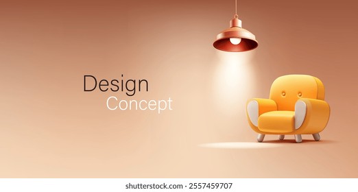 Soft yellow armchair, hanging lamp that shines, 3D. Realistic image for interior concepts, comfort, home, rest, and advertising concepts. Vector illustration.