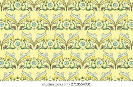 fundo amarelo suave com padrão abstrato verde repetido para tecido e etc